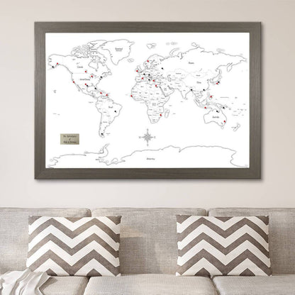 Illustrative World Map with Pins - Black & White Hand-Drawn Travel Map