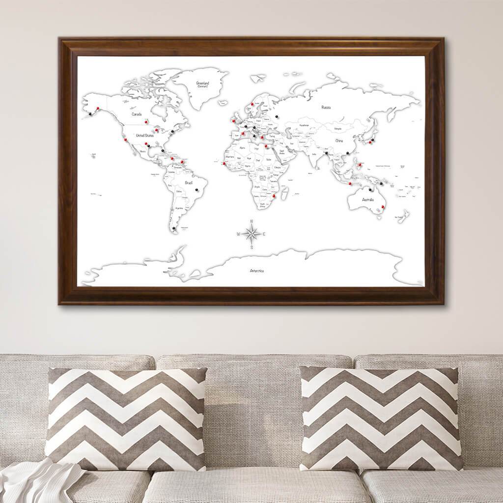 Black & White Hand-Drawn Illustrative World Map with Pins Brown Frame