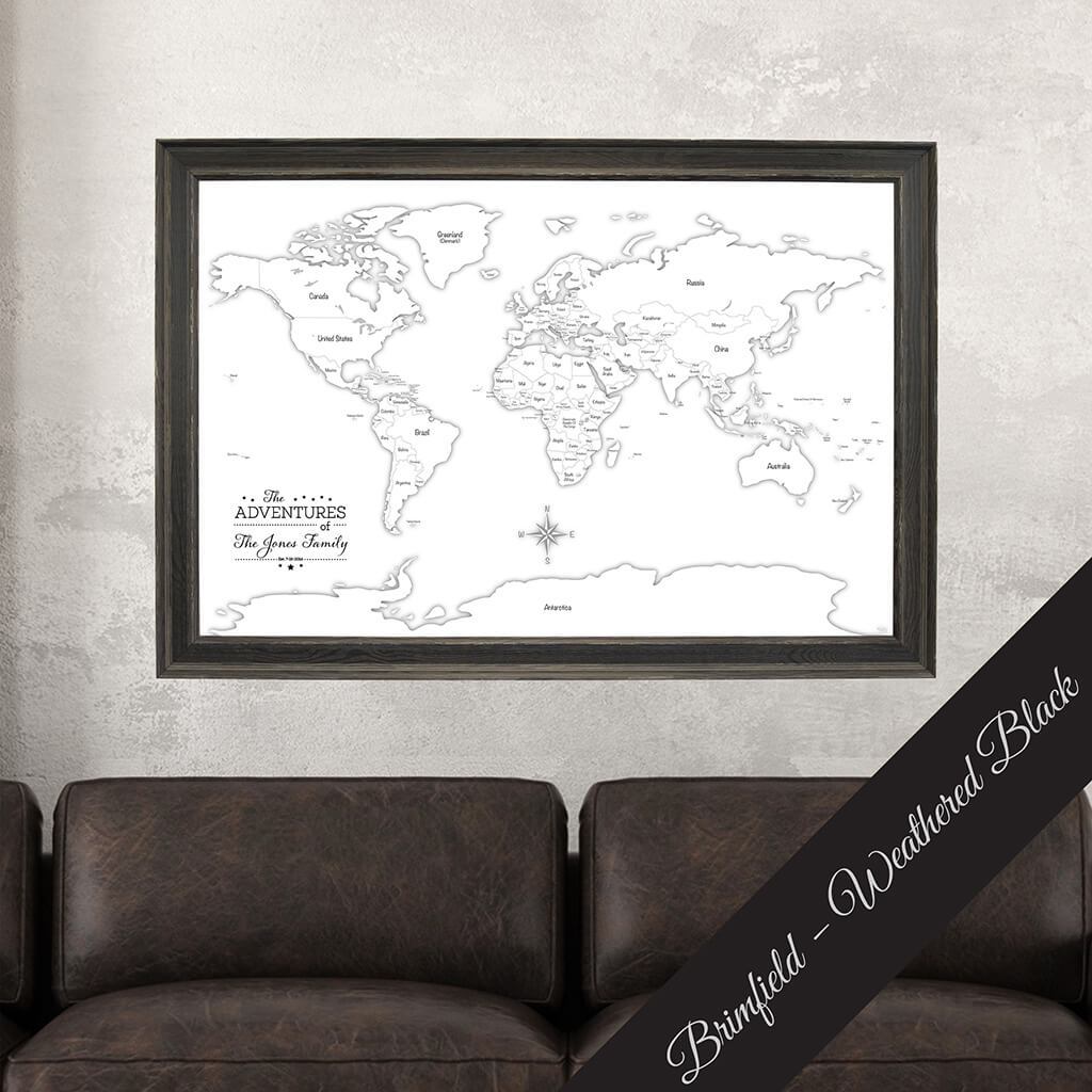 Canvas Black & White World Map with Pins with Brimfield Black Frame