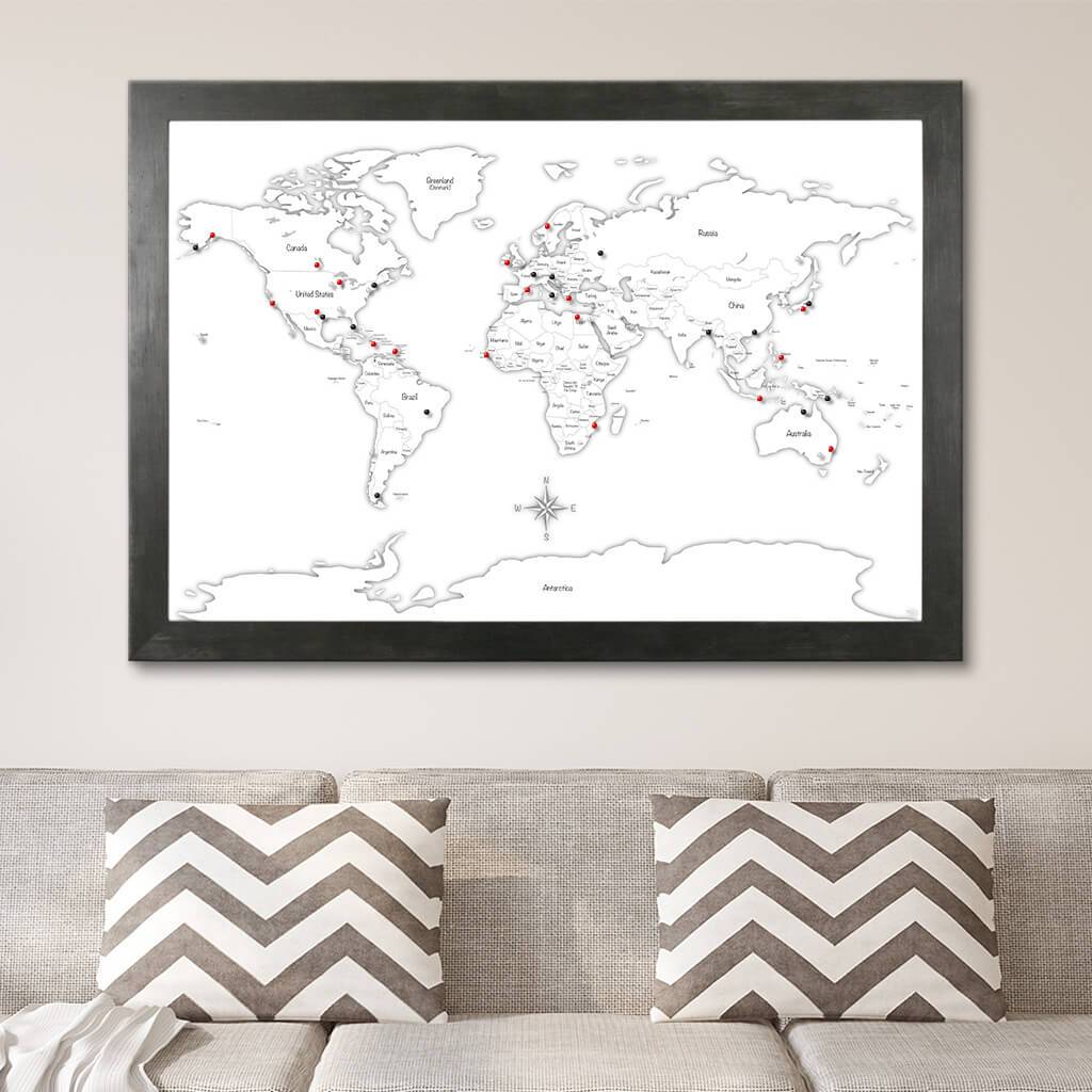 Black & White Hand-Drawn Illustrative World Map with Pins Rustic Black Frame