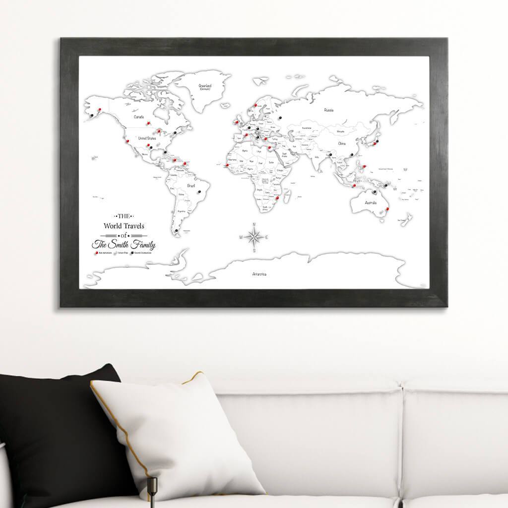 Canvas Black & White Hand-Drawn Illustrative World Map with Pins Rustic Black Frame