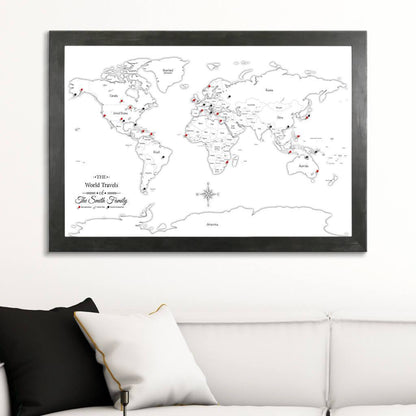 Canvas Black & White Hand-Drawn Illustrative World Map with Pins Rustic Black Frame