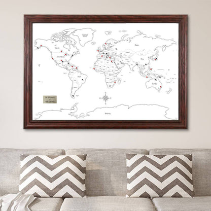 Black & White Hand-Drawn Illustrative World Map with Pins Solid Wood Cherry Frame