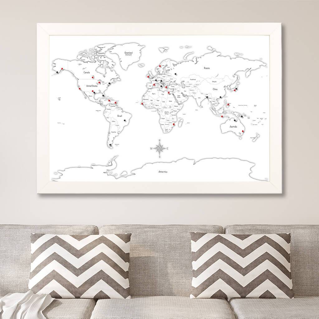 Black & White Hand-Drawn Illustrative World Map with Pins Textured White Frame