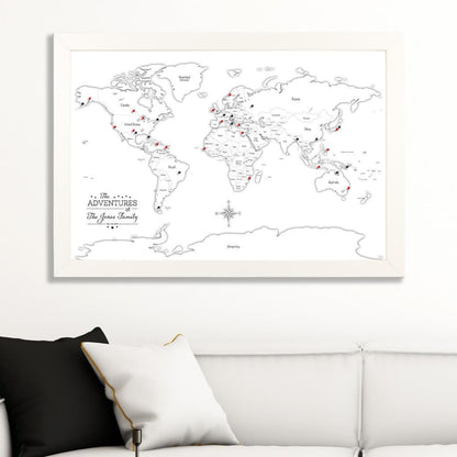 Canvas Black & White Hand-Drawn Illustrative World Map with Pins with Textured White Frame